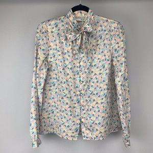 VINTAGE GIVENCHY SPORT Pastel Kaleidoscope Print Pussybow Button Front B…